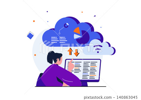 Cloud computing modern flat concept for web banner design. Woman developer working at computer, coding and programming using wireless cloud technology. Vector illustration with isolated people scene Cloud computing modern flat concept for web banner design. Woman developer working at computer, coding and programming using wireless cloud technology. Vector illustration with isolated people scene 140863045