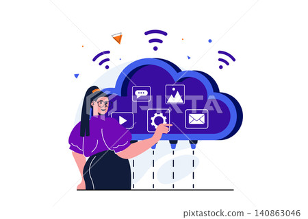 Cloud computing modern flat concept for web banner design. Woman stores data, videos, pictures, online correspondence and emails in secure cloud storage. Vector illustration with isolated people scene 140863046