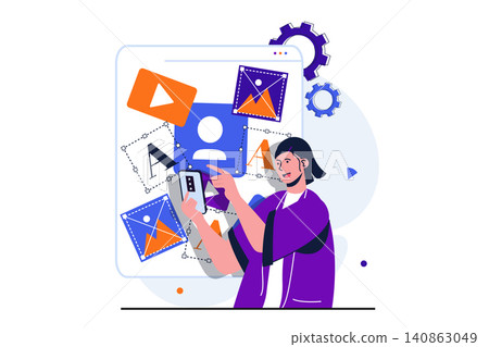 Content manager modern flat concept for web banner design. Woman works with different types of content, publishes photos, videos and text, fills site. Vector illustration with isolated people scene Content manager modern flat concept for web banner design. Woman works with different types of content, publishes photos, videos and text, fills site. Vector illustration with isolated people scene 140863049