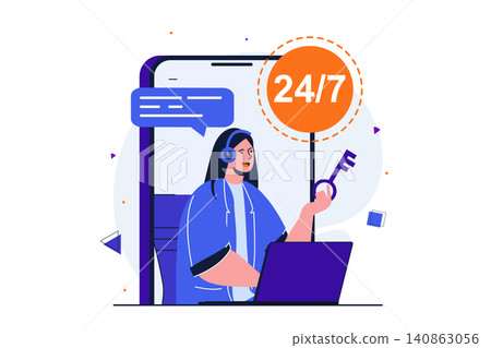 Customer service modern flat concept for web banner design. Woman works in tech support, advises clients in online chat. Operator on call around clock. Vector illustration with isolated people scene Customer service modern flat concept for web banner design. Woman works in tech support, advises clients in online chat. Operator on call around clock. Vector illustration with isolated people scene 140863056
