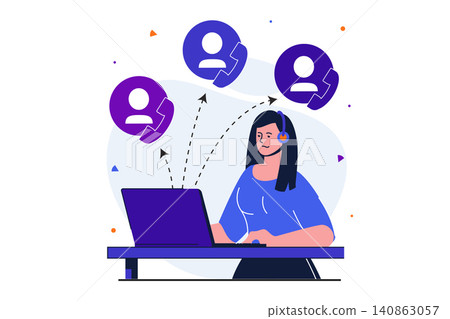 Customer service modern flat concept for web banner design. Woman consultant working on laptop and answering customer calls. Operator works on hotline. Vector illustration with isolated people scene Customer service modern flat concept for web banner design. Woman consultant working on laptop and answering customer calls. Operator works on hotline. Vector illustration with isolated people scene 140863057