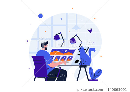 Freelance working modern flat concept for web banner design. Male illustrator drawing images while sitting at tilting table with cat in home studio. Vector illustration with isolated people scene Freelance working modern flat concept for web banner design. Male illustrator drawing images while sitting at tilting table with cat in home studio. Vector illustration with isolated people scene 140863091