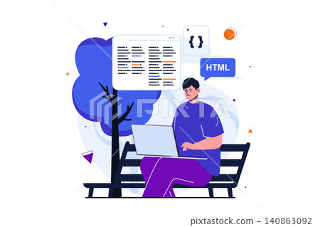 Freelance working modern flat concept for web banner design. Male developer programs and works with code on laptop while sitting on bench in park. Vector illustration with isolated people scene Freelance working modern flat concept for web banner design. Male developer programs and works with code on laptop while sitting on bench in park. Vector illustration with isolated people scene 140863092