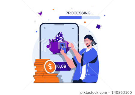 Mobile banking modern flat concept for web banner design. Woman looks at information her personal bank account, saves money and uses financial tools. Vector illustration with isolated people scene Mobile banking modern flat concept for web banner design. Woman looks at information her personal bank account, saves money and uses financial tools. Vector illustration with isolated people scene 140863100