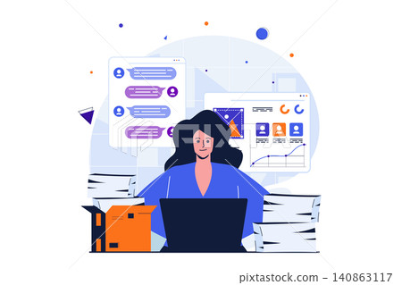 Office work modern flat concept for web banner design. Female employee working on laptop, doing paperwork, answering work chat and completing tasks. Vector illustration with isolated people scene Office work modern flat concept for web banner design. Female employee working on laptop, doing paperwork, answering work chat and completing tasks. Vector illustration with isolated people scene 140863117