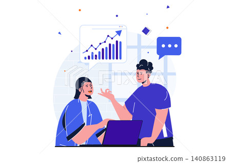 Office work modern flat concept for web banner design. Employees discuss work tasks and financial statistics of company, work together and cooperate. Vector illustration with isolated people scene Office work modern flat concept for web banner design. Employees discuss work tasks and financial statistics of company, work together and cooperate. Vector illustration with isolated people scene 140863119