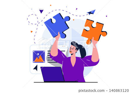 Office work modern flat concept for web banner design. Employee generates ideas and creatively completes work tasks, collects puzzles and brainstorming. Vector illustration with isolated people scene Office work modern flat concept for web banner design. Employee generates ideas and creatively completes work tasks, collects puzzles and brainstorming. Vector illustration with isolated people scene 140863120