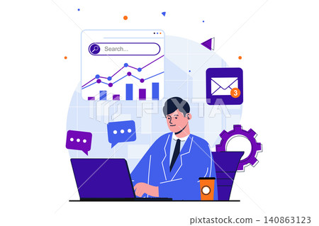 Office work modern flat concept for web banner design. Male employee analyzes financial statistics graphs, writes report and answers incoming emails. Vector illustration with isolated people scene Office work modern flat concept for web banner design. Male employee analyzes financial statistics graphs, writes report and answers incoming emails. Vector illustration with isolated people scene 140863123