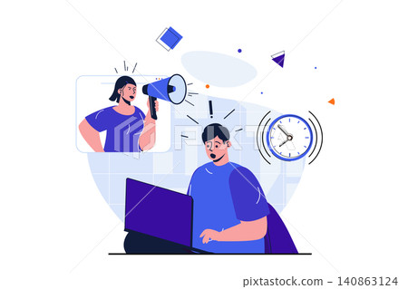 Office work modern flat concept for web banner design. Angry boss with megaphone shouting at employee, frightened man hurry writing report by deadline. Vector illustration with isolated people scene Office work modern flat concept for web banner design. Angry boss with megaphone shouting at employee, frightened man hurry writing report by deadline. Vector illustration with isolated people scene 140863124