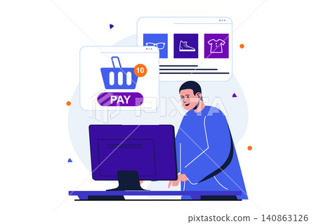 Online payment modern flat concept for web banner design. Customer makes purchases in online store, forms basket and pays for order from computer. Vector illustration with isolated people scene Online payment modern flat concept for web banner design. Customer makes purchases in online store, forms basket and pays for order from computer. Vector illustration with isolated people scene 140863126