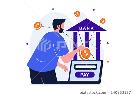 Online payment modern flat concept for web banner design. man pays for purchases bill and makes bank transfer using laptop. Secure transactions service. Vector illustration with isolated people scene Online payment modern flat concept for web banner design. man pays for purchases bill and makes bank transfer using laptop. Secure transactions service. Vector illustration with isolated people scene 140863127