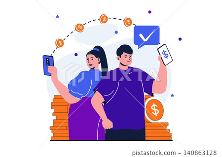 Online payment modern flat concept for web banner design. Woman makes money transfer from her account using application and man receives finances. Vector illustration with isolated people scene Online payment modern flat concept for web banner design. Woman makes money transfer from her account using application and man receives finances. Vector illustration with isolated people scene 140863128