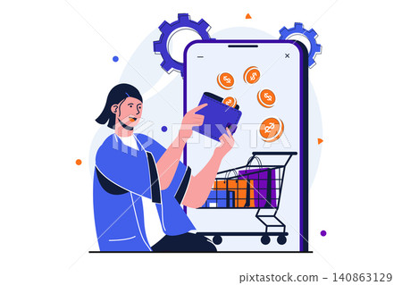Online payment modern flat concept for web banner design. Woman makes purchases and orders goods in online store paying with electronic wallet in app. Vector illustration with isolated people scene Online payment modern flat concept for web banner design. Woman makes purchases and orders goods in online store paying with electronic wallet in app. Vector illustration with isolated people scene 140863129