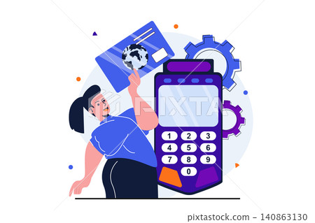 Online payment modern flat concept for web banner design. Woman pays for purchases with credit card and manages spending, counting money on calculator. Vector illustration with isolated people scene Online payment modern flat concept for web banner design. Woman pays for purchases with credit card and manages spending, counting money on calculator. Vector illustration with isolated people scene 140863130