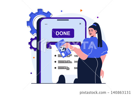 Online payment modern flat concept for web banner design. Woman pays bills and taxes using credit card in mobile app. Online banking service, e-business. Vector illustration with isolated people scene 140863131