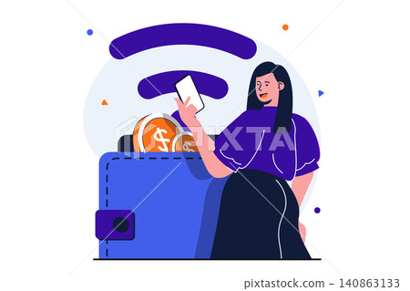 Online payment modern flat concept for web banner design. Woman pays for purchases with account, uses wireless cashless technologies in mobile phone. Vector illustration with isolated people scene 140863133