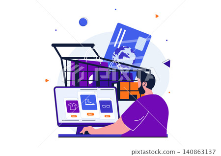 Online shopping modern flat concept for web banner design. Male customer selects goods on store website at computer, ordering and pays with credit card. Vector illustration with isolated people scene Online shopping modern flat concept for web banner design. Male customer selects goods on store website at computer, ordering and pays with credit card. Vector illustration with isolated people scene 140863137