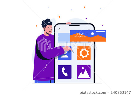 App development modern flat concept for web banner design. Male designer placing graphic elements and menu buttons on interface layout for mobile apps. Vector illustration with isolated people scene App development modern flat concept for web banner design. Male designer placing graphic elements and menu buttons on interface layout for mobile apps. Vector illustration with isolated people scene 140863147