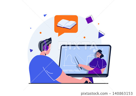 Back to school modern flat concept for web banner design. Teenager student watches video lecture on mathematics and gains new knowledge, doing homework. Vector illustration with isolated people scene 140863153
