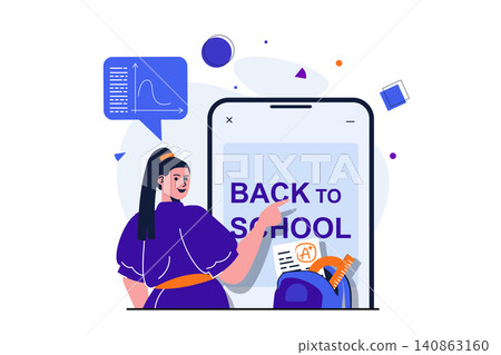 Back to school modern flat concept for web banner design. Student studying for excellent grades, gain new knowledge and using mobile phone for learning. Vector illustration with isolated people scene Back to school modern flat concept for web banner design. Student studying for excellent grades, gain new knowledge and using mobile phone for learning. Vector illustration with isolated people scene 140863160