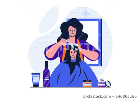 Beauty salon modern flat concept for web banner design. Hairdresser cuts hair with scissors and shapes client's bangs. Woman getting haircut in studio. Vector illustration with isolated people scene Beauty salon modern flat concept for web banner design. Hairdresser cuts hair with scissors and shapes client's bangs. Woman getting haircut in studio. Vector illustration with isolated people scene 140863166