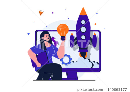 Business startup modern flat concept for web banner design. Happy woman entrepreneur develops idea, creates new successful project and launches rocket. Vector illustration with isolated people scene Business startup modern flat concept for web banner design. Happy woman entrepreneur develops idea, creates new successful project and launches rocket. Vector illustration with isolated people scene 140863177
