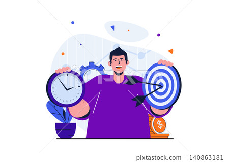 Business target modern flat concept for web banner design. Businessman holding target and clock. Time management, work deadlines and achieving goals. Vector illustration with isolated people scene Business target modern flat concept for web banner design. Businessman holding target and clock. Time management, work deadlines and achieving goals. Vector illustration with isolated people scene 140863181