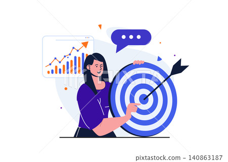 Business target modern flat concept for web banner design. Businesswoman holding dartboard with arrow, analyzing data and statistics, marketing research. Vector illustration with isolated people scene Business target modern flat concept for web banner design. Businesswoman holding dartboard with arrow, analyzing data and statistics, marketing research. Vector illustration with isolated people scene 140863187