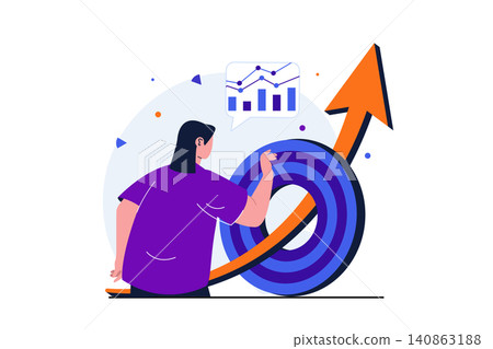Business target modern flat concept for web banner design. Businesswoman develops project, growth arrow shoots through dartboard, successful career. Vector illustration with isolated people scene Business target modern flat concept for web banner design. Businesswoman develops project, growth arrow shoots through dartboard, successful career. Vector illustration with isolated people scene 140863188