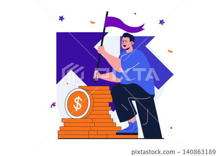 Business award modern flat concept for web banner design. Businessman holding flag and climbing to top, increase income, develop company, achieve goals. Vector illustration with isolated people scene Business award modern flat concept for web banner design. Businessman holding flag and climbing to top, increase income, develop company, achieve goals. Vector illustration with isolated people scene 140863189