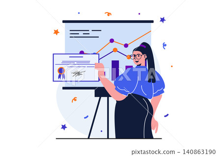 Business award modern flat concept for web banner design. Businesswoman receives certificate of award for business achievement, and company development. Vector illustration with isolated people scene 140863190