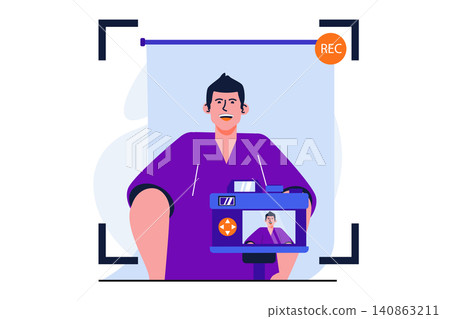 Photo studio modern flat concept for web banner design. Smiling man posing for professional photographer. Happy guy makes photo portrait in studio. Vector illustration with isolated people scene Photo studio modern flat concept for web banner design. Smiling man posing for professional photographer. Happy guy makes photo portrait in studio. Vector illustration with isolated people scene 140863211