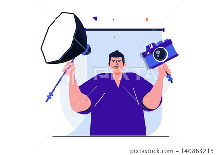 Photo studio modern flat concept for web banner design. Happy photographer holding camera and spotlight. Man posing with professional photo equipment. Vector illustration with isolated people scene Photo studio modern flat concept for web banner design. Happy photographer holding camera and spotlight. Man posing with professional photo equipment. Vector illustration with isolated people scene 140863213