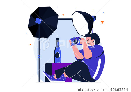 Photo studio modern flat concept for web banner design. Woman doing advertising commercial photoshoot and photographing bottle in studio with spotlights. Vector illustration with isolated people scene 140863214