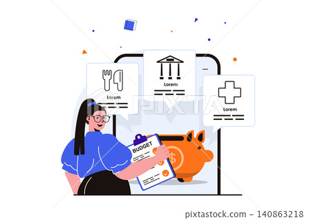 Planning financial budget modern flat concept for web banner design. Woman studies items of expenditure in budget, saves money, pays taxes, accounting. Vector illustration with isolated people scene 140863218