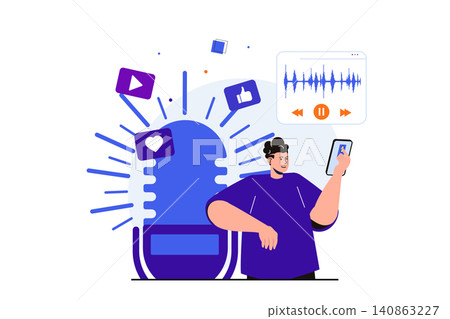 Podcast streaming modern flat concept for web banner design. Man listening to live broadcast or music using audio player application on mobile phone. Vector illustration with isolated people scene Podcast streaming modern flat concept for web banner design. Man listening to live broadcast or music using audio player application on mobile phone. Vector illustration with isolated people scene 140863227