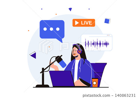 Podcast streaming modern flat concept for web banner design. Woman records audio and speaks into microphone in studio, broadcasting live on radio. Vector illustration with isolated people scene Podcast streaming modern flat concept for web banner design. Woman records audio and speaks into microphone in studio, broadcasting live on radio. Vector illustration with isolated people scene 140863231