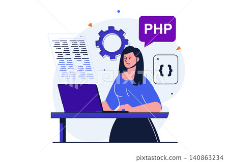 Programmer working modern flat concept for web banner design. Female developer works on laptop and programs in php and other programming languages. Vector illustration with isolated people scene Programmer working modern flat concept for web banner design. Female developer works on laptop and programs in php and other programming languages. Vector illustration with isolated people scene 140863234