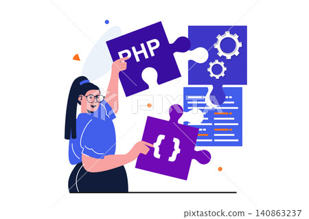 Programmer working modern flat concept for web banner design. Woman developer generates ideas and finds creative solutions, assembles project puzzles. Vector illustration with isolated people scene Programmer working modern flat concept for web banner design. Woman developer generates ideas and finds creative solutions, assembles project puzzles. Vector illustration with isolated people scene 140863237