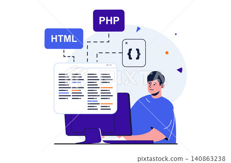 Programmer working modern flat concept for web banner design. Man programs code in html and php, tests and finds creative solutions, creating software. Vector illustration with isolated people scene 140863238