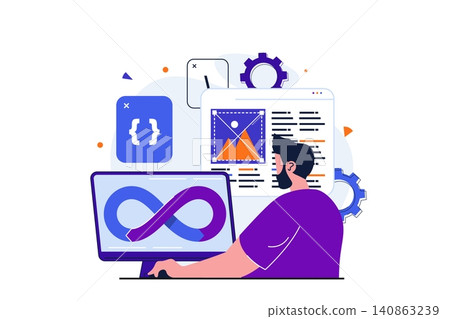 Programmer working modern flat concept for web banner design. developer creates software and programming code. Manager administers devops processes. Vector illustration with isolated people scene Programmer working modern flat concept for web banner design. developer creates software and programming code. Manager administers devops processes. Vector illustration with isolated people scene 140863239