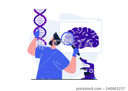Science research modern flat concept for web banner design. Man studies dna molecule and examines brain with magnifier, makes neurobiology experiment. Vector illustration with isolated people scene Science research modern flat concept for web banner design. Man studies dna molecule and examines brain with magnifier, makes neurobiology experiment. Vector illustration with isolated people scene 140863257