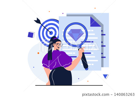 Searching for opportunities modern flat concept for web banner design. Woman with magnifier looking for best offer for new vacancy or hiring employee. Vector illustration with isolated people scene Searching for opportunities modern flat concept for web banner design. Woman with magnifier looking for best offer for new vacancy or hiring employee. Vector illustration with isolated people scene 140863263