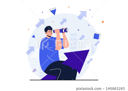 Searching for opportunities modern flat concept for web banner design. Man looks binoculars and improves business performance, works and develops career. Vector illustration with isolated people scene Searching for opportunities modern flat concept for web banner design. Man looks binoculars and improves business performance, works and develops career. Vector illustration with isolated people scene 140863265