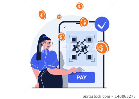 Secure payment modern flat concept for web banner design. Woman buys securely on Internet and makes transaction using QR code on smartphone application. Vector illustration with isolated people scene Secure payment modern flat concept for web banner design. Woman buys securely on Internet and makes transaction using QR code on smartphone application. Vector illustration with isolated people scene 140863273