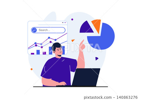 Seo analysis modern flat concept for web banner design. Man analyzes data, adjusts search results, raises rating, increases traffic, works at laptop. Vector illustration with isolated people scene 140863276