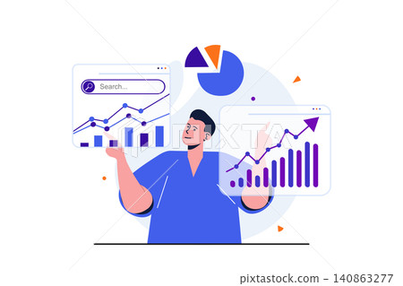 Seo analysis modern flat concept for web banner design. Man analytic analyzes site data and studies graphs on screens and develops promotion strategy. Vector illustration with isolated people scene Seo analysis modern flat concept for web banner design. Man analytic analyzes site data and studies graphs on screens and develops promotion strategy. Vector illustration with isolated people scene 140863277