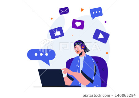 Social media marketing modern flat concept for web banner design. Woman creates content, posts, communicates with followers, collects likes and promotes. Vector illustration with isolated people scene Social media marketing modern flat concept for web banner design. Woman creates content, posts, communicates with followers, collects likes and promotes. Vector illustration with isolated people scene 140863284
