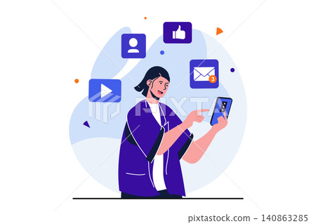 Social media marketing modern flat concept for web banner design. Woman manages blog using mobile app, publishes content and makes promotional posts. Vector illustration with isolated people scene 140863285