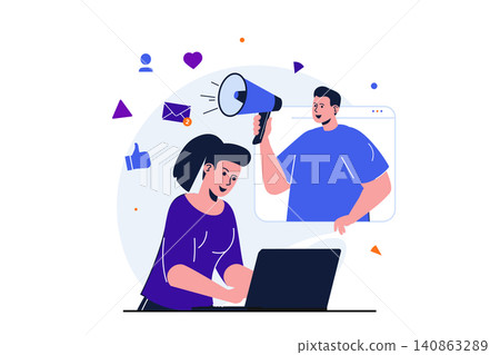 Social media marketing modern flat concept for web banner design. Man with megaphone attracts new customers, woman promotes online while works on laptop. Vector illustration with isolated people scene Social media marketing modern flat concept for web banner design. Man with megaphone attracts new customers, woman promotes online while works on laptop. Vector illustration with isolated people scene 140863289